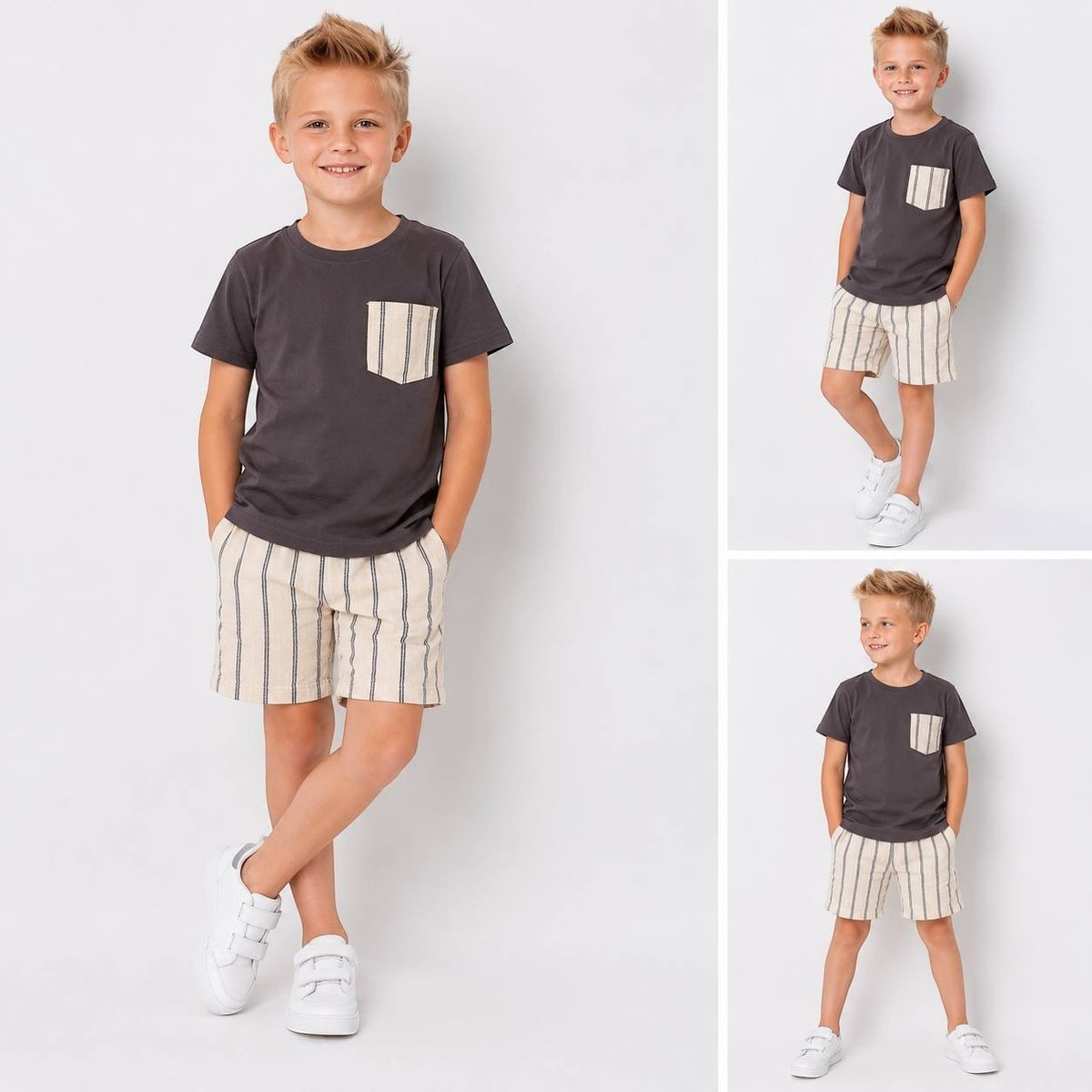 The Nile Luxuries boys charcoal crew-neck t-shirt with pocket and striped shorts set worn by a young boy.