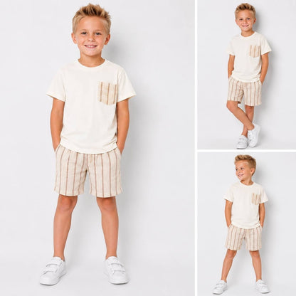 The Nile Luxuries boys cream crew-neck t-shirt with chest pocket and striped shorts set for summer casual wear.