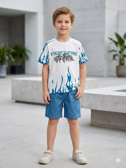 The Nile Luxuries boys summer outfit with white Fierce Fire graphic t-shirt and blue shorts on a young boy.