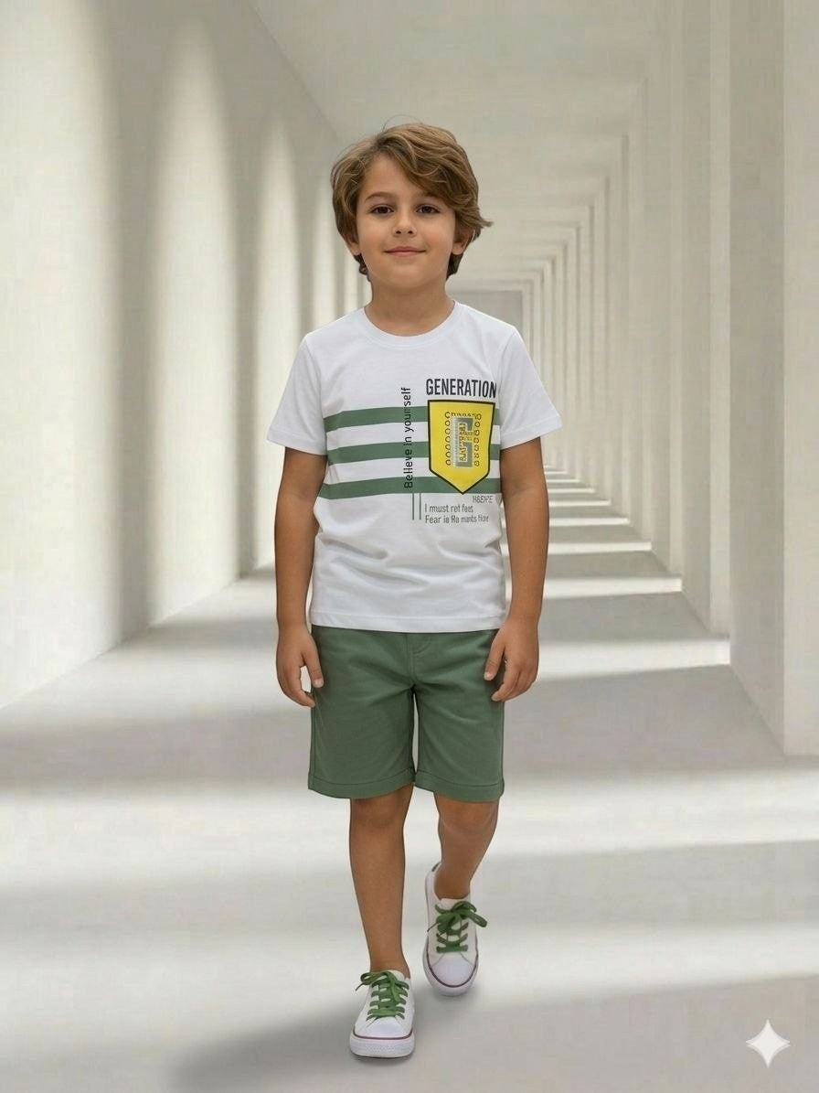 A young boy wearing a The Nile Luxuries white graphic t-shirt and green shorts in a bright, minimalist hallway.