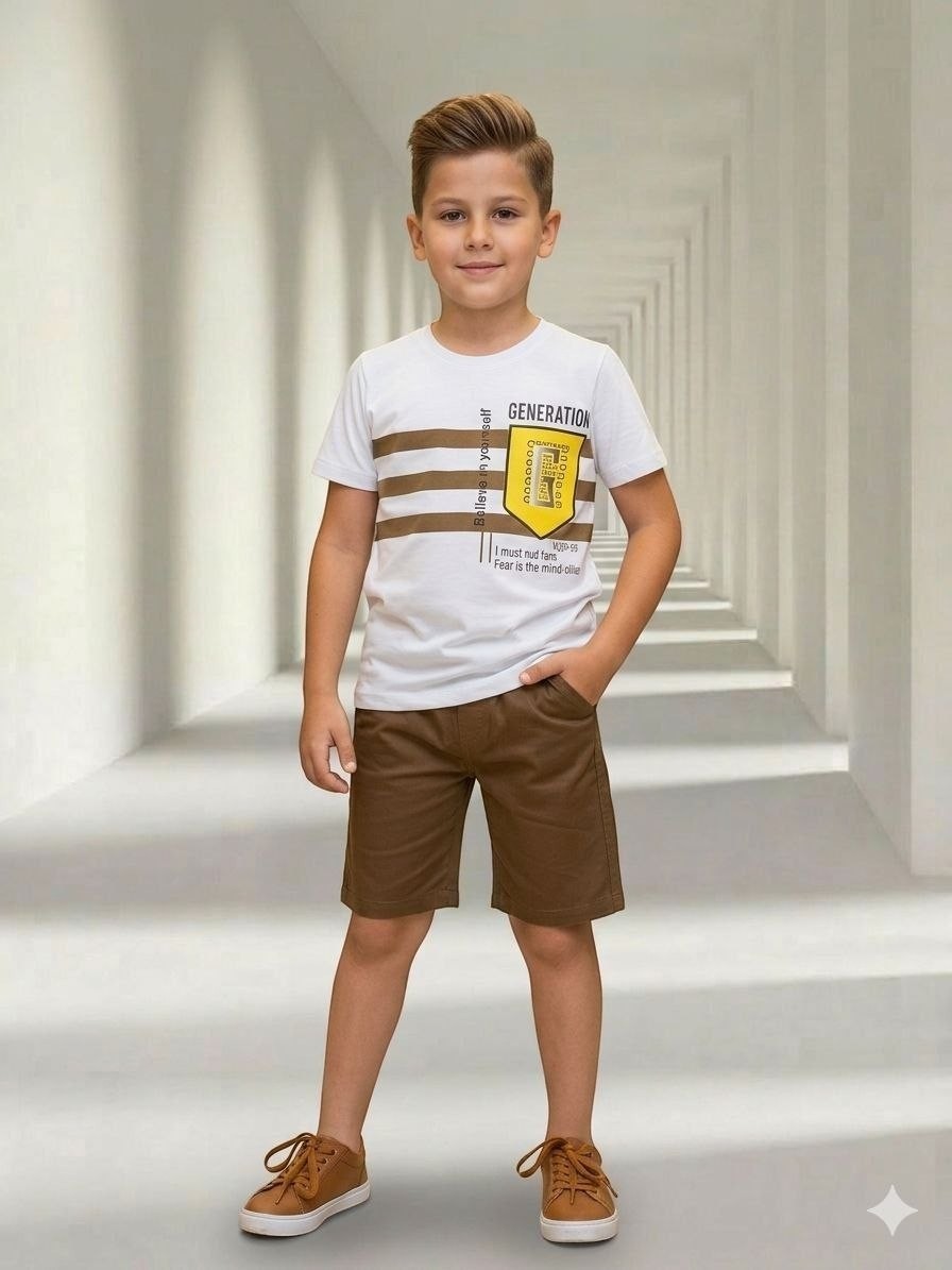 The Nile Luxuries boy wearing a white graphic t-shirt with brown stripes and brown shorts in a bright hallway.