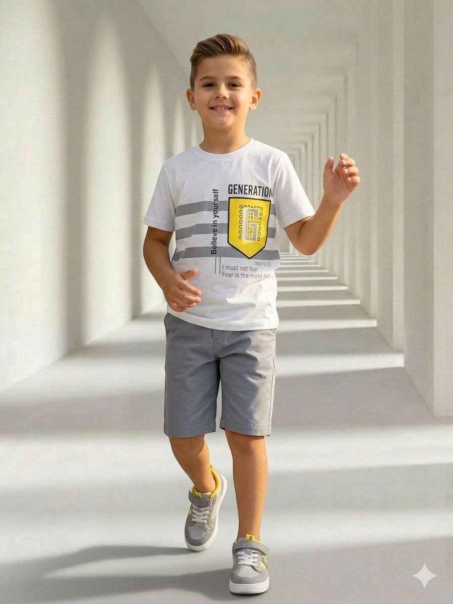 The Nile Luxuries boys summer outfit featuring a white graphic t-shirt with yellow accents and grey casual shorts.