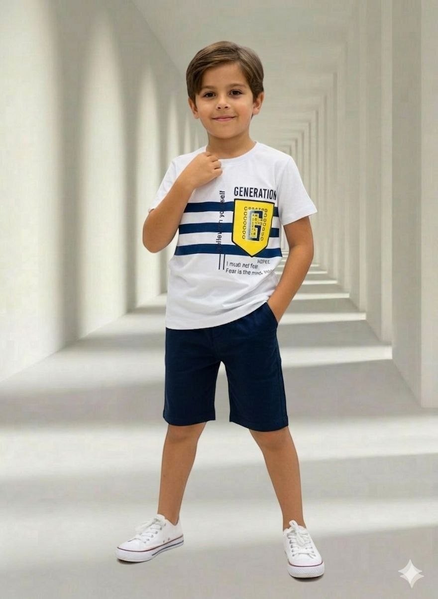 The Nile Luxuries boys summer outfit with a white graphic t-shirt and navy blue shorts worn by a young boy