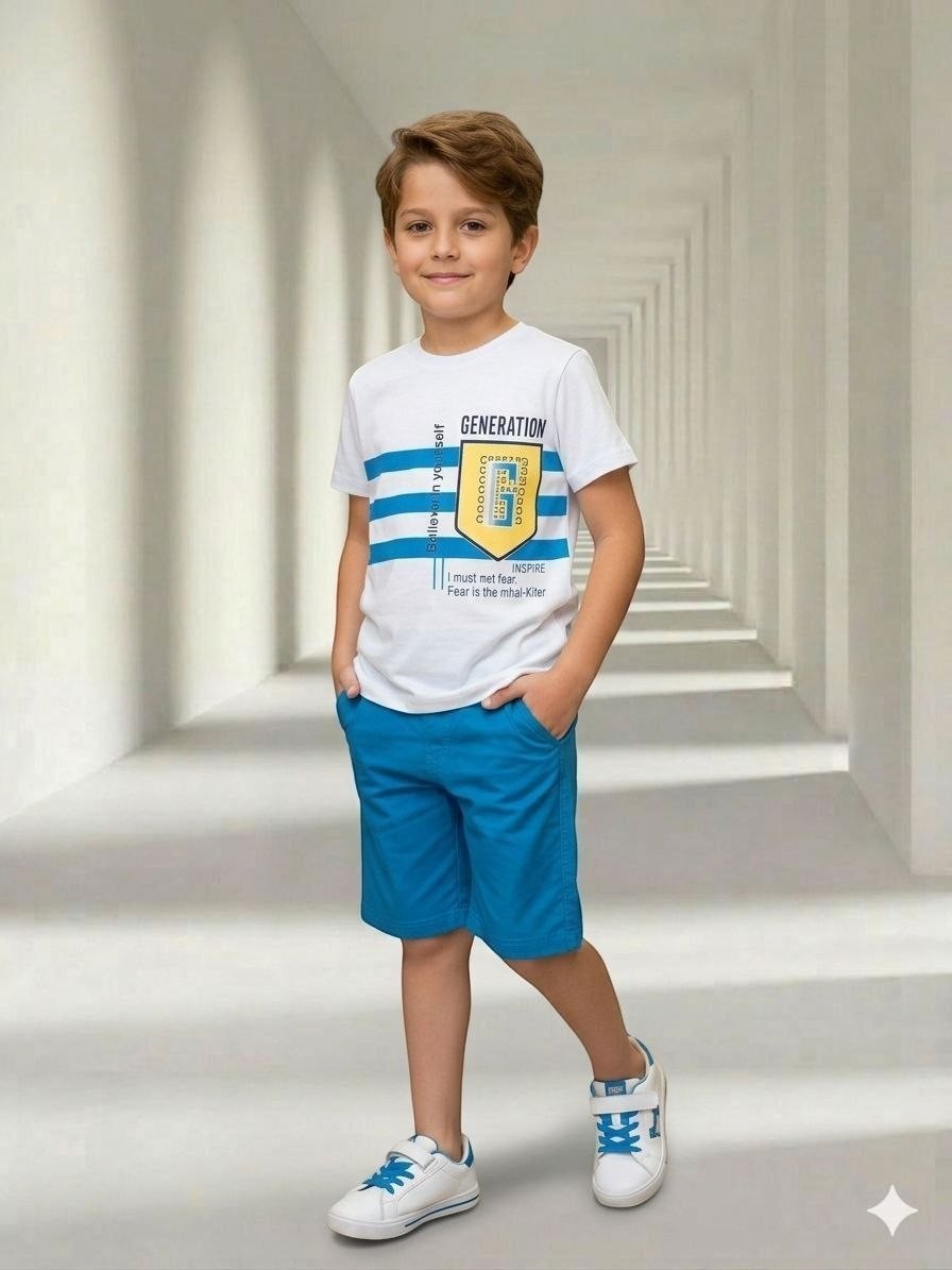 The Nile Luxuries boys summer outfit with a white graphic t-shirt and blue shorts worn by a young boy in a hallway.