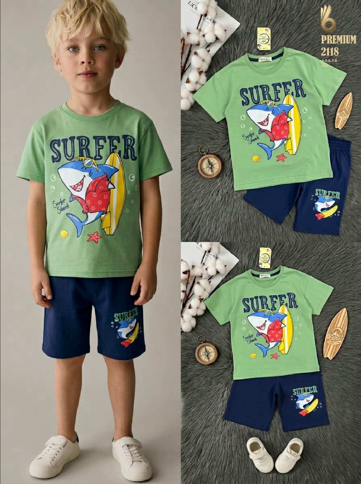 The Nile Luxuries boys' green t-shirt with surfer shark graphic and navy blue shorts set for summer play.