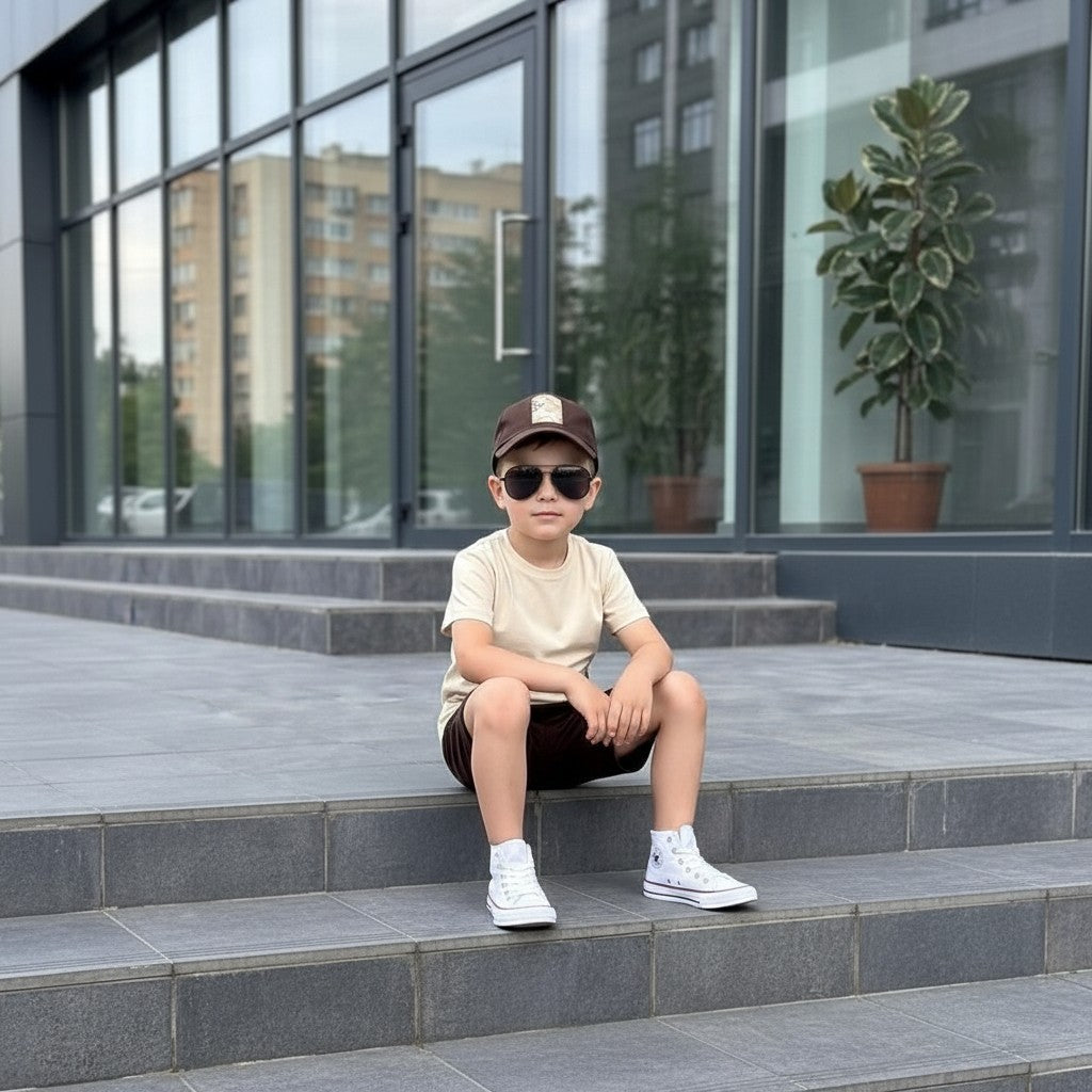 The Nile Luxuries boys' beige t-shirt and brown shorts set with checkered patch detail. Cotton blend.
