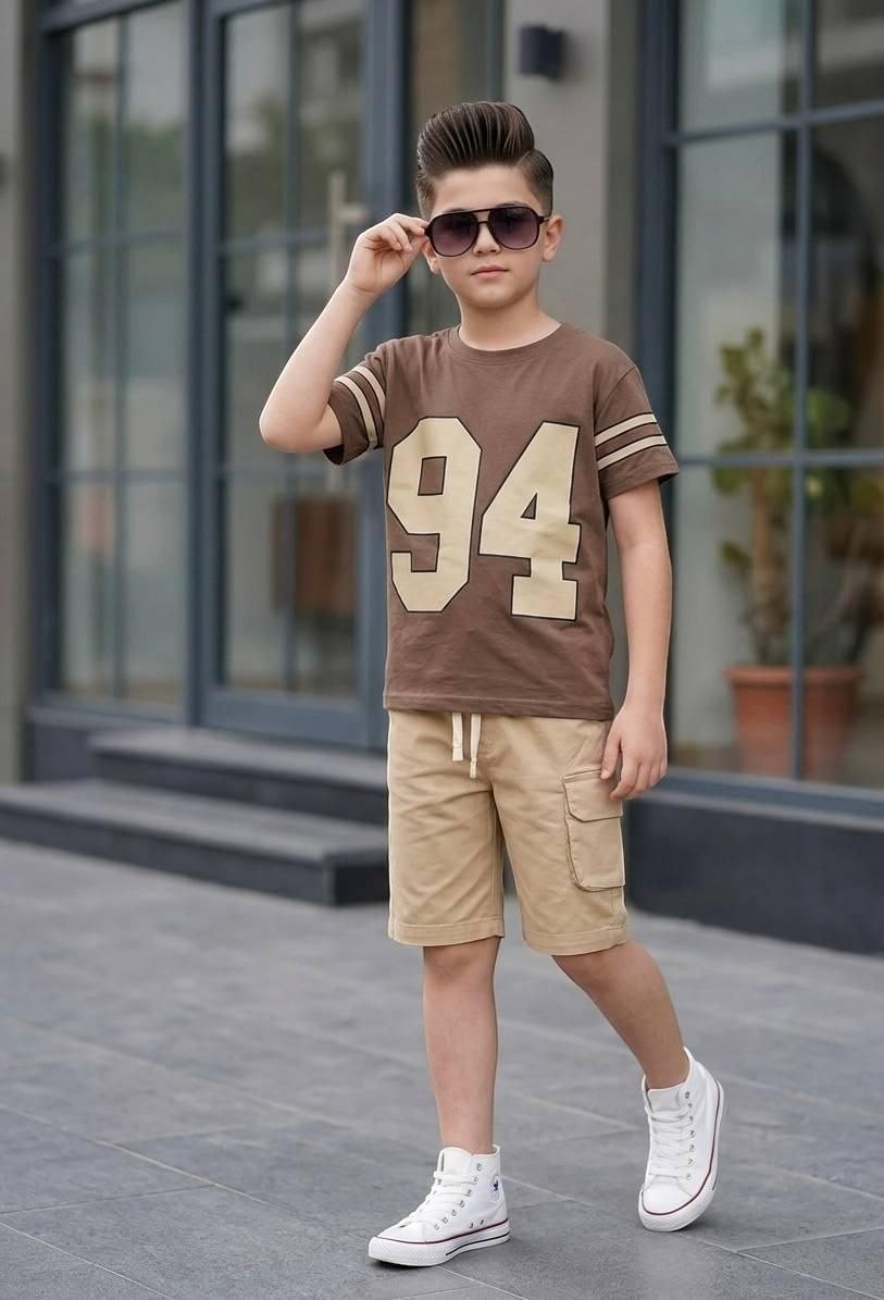 The Nile Luxuries boys varsity t-shirt and cargo shorts set in brown and beige with 94 graphic print