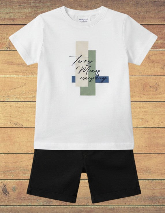 The Nile Luxuries boys white cotton t-shirt with graphic print and black shorts set.