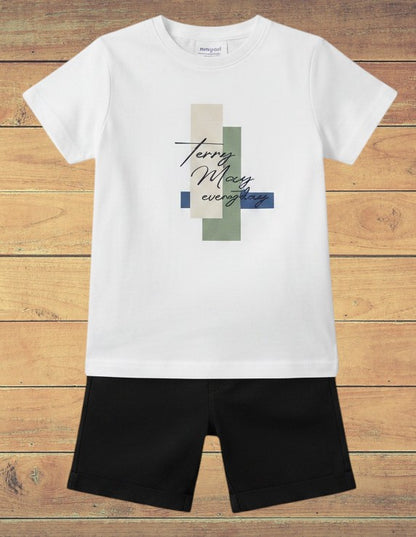 The Nile Luxuries boys white cotton t-shirt with graphic print and black shorts set.