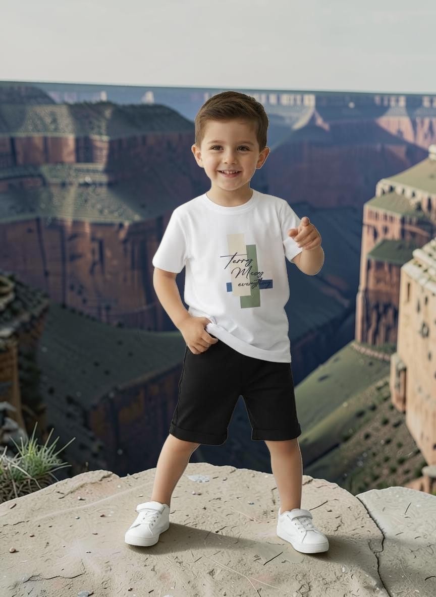 The Nile Luxuries boys white cotton t-shirt with graphic print and black shorts set