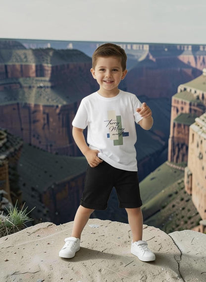 The Nile Luxuries boys white cotton t-shirt with graphic print and black shorts set