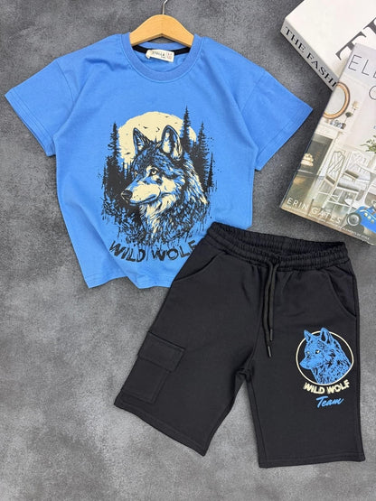 The Nile Luxuries blue wolf graphic t-shirt and black cargo shorts set with drawstring waist for boys.