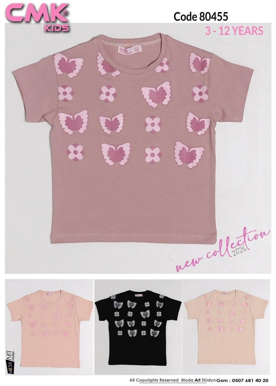The Nile Luxuries dusty rose cotton t-shirt with all-over pink butterfly and flower print for kids.