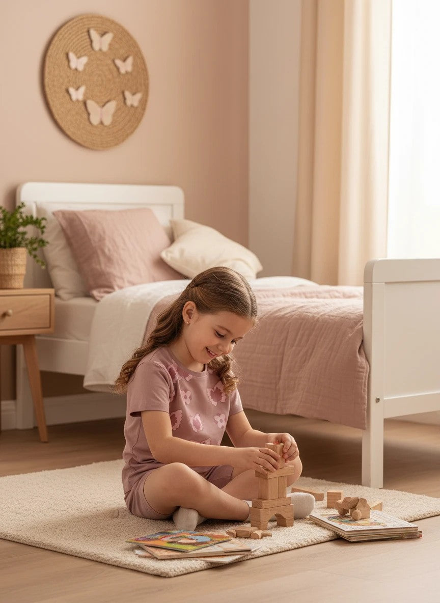 The Nile Luxuries dusty rose cotton t-shirt with all-over butterfly and flower print for girls.