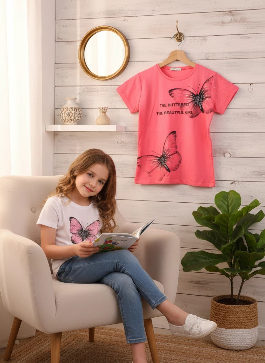 The Nile Luxuries coral cotton blend t-shirt with rhinestone butterflies and text.