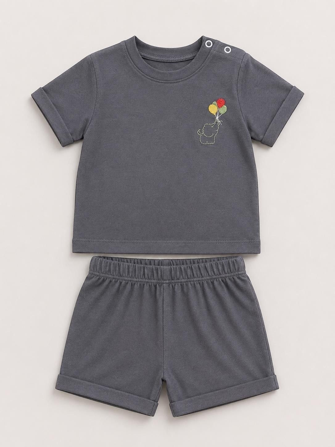 The Nile Luxuries toddler charcoal grey short sleeve shirt and shorts set with an embroidered elephant and balloons.