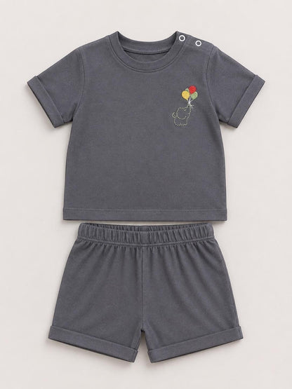 The Nile Luxuries toddler charcoal grey short sleeve shirt and shorts set with an embroidered elephant and balloons.