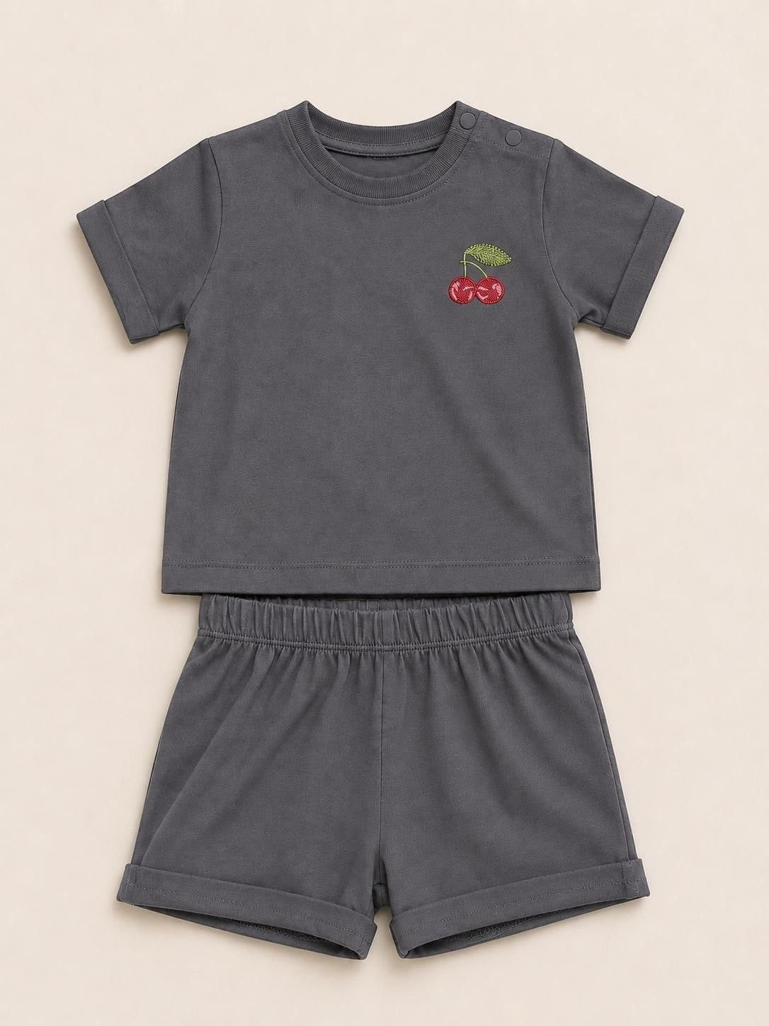 The Nile Luxuries toddler charcoal grey short sleeve t-shirt and shorts set with embroidered cherry detail.