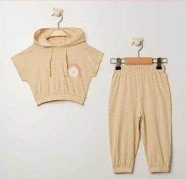 The Nile Luxuries children's beige cotton blend casual hoodie and jogger set with daisy graphic and 'Spread Kindness' text.