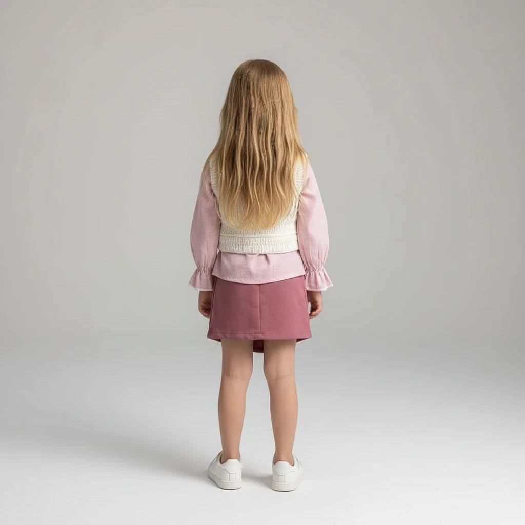 Back view of a child wearing The Nile Luxuries three-piece set with a pink shirt, knit vest, and mauve wrap skirt.
