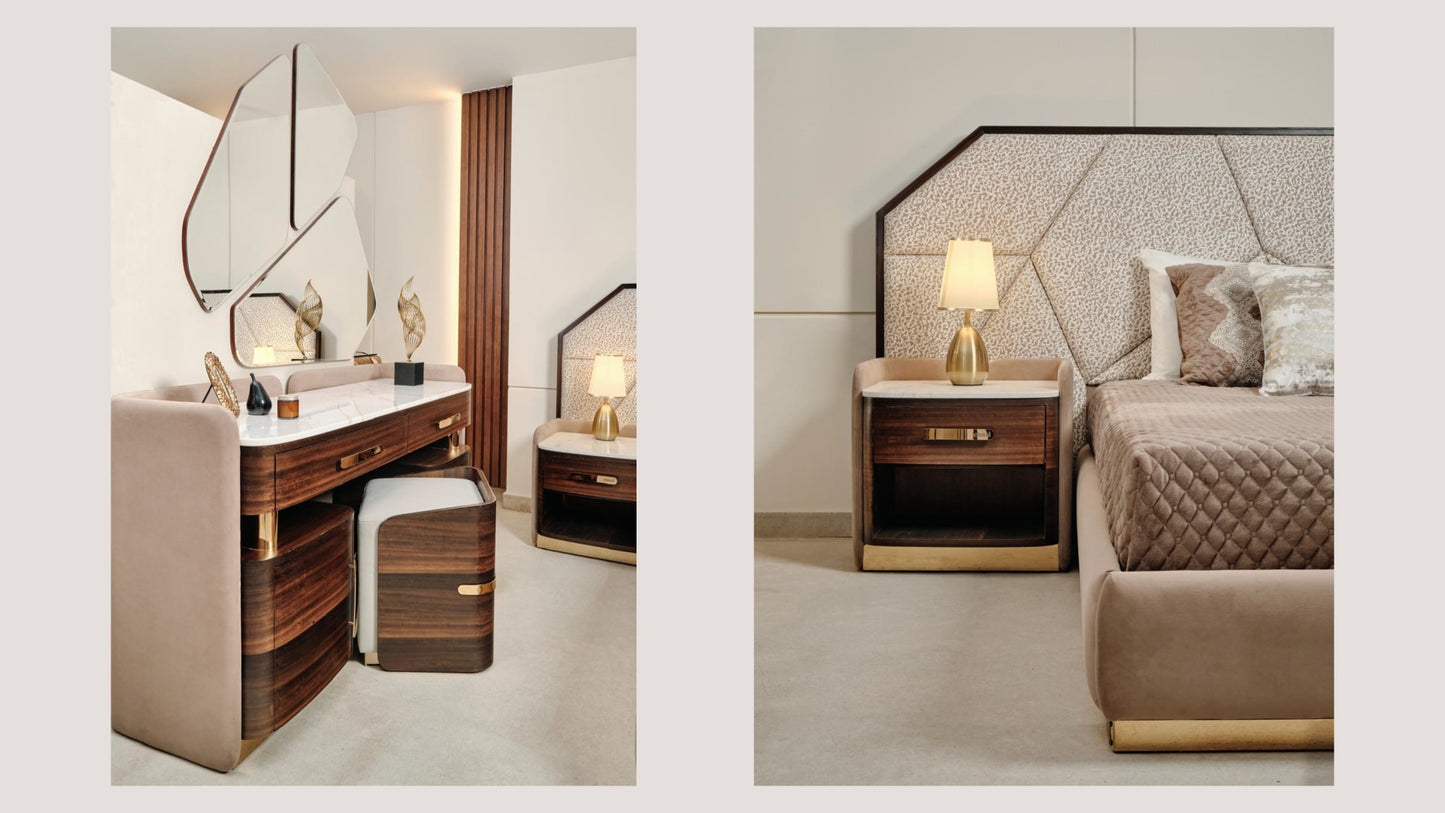 The Nile Luxuries contemporary bedroom set with dark wood veneer, gold hardware, white marble-effect vanity top, and abstract mirror.
