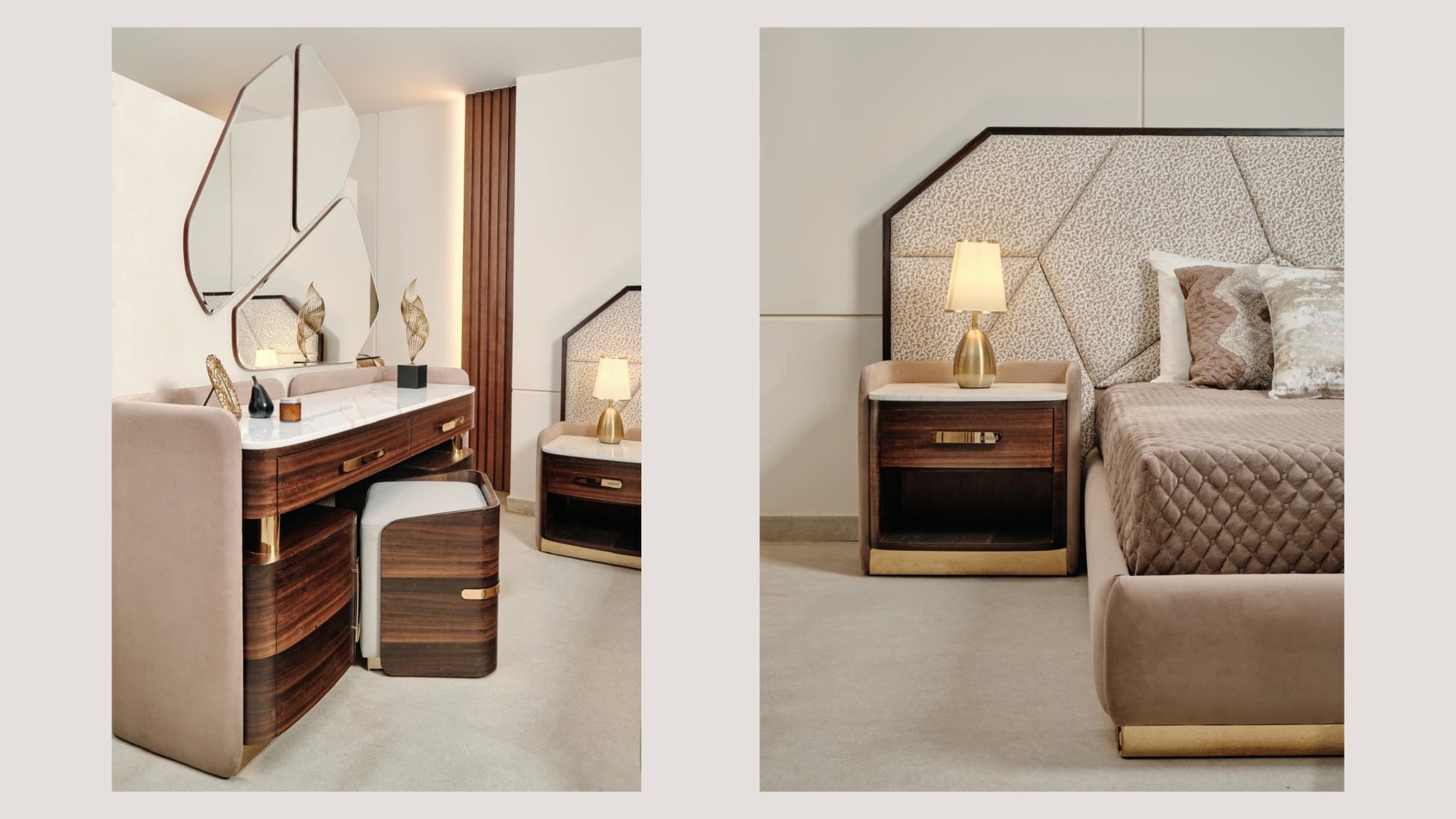The Nile Luxuries contemporary bedroom set with dark wood veneer, gold hardware, white marble-effect vanity top, and abstract mirror.