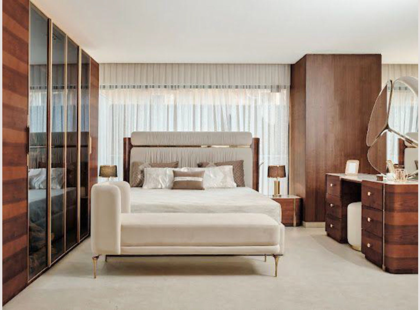 The Nile Luxuries contemporary bedroom set with upholstered bed, channel-tufted headboard, and storage wardrobe.