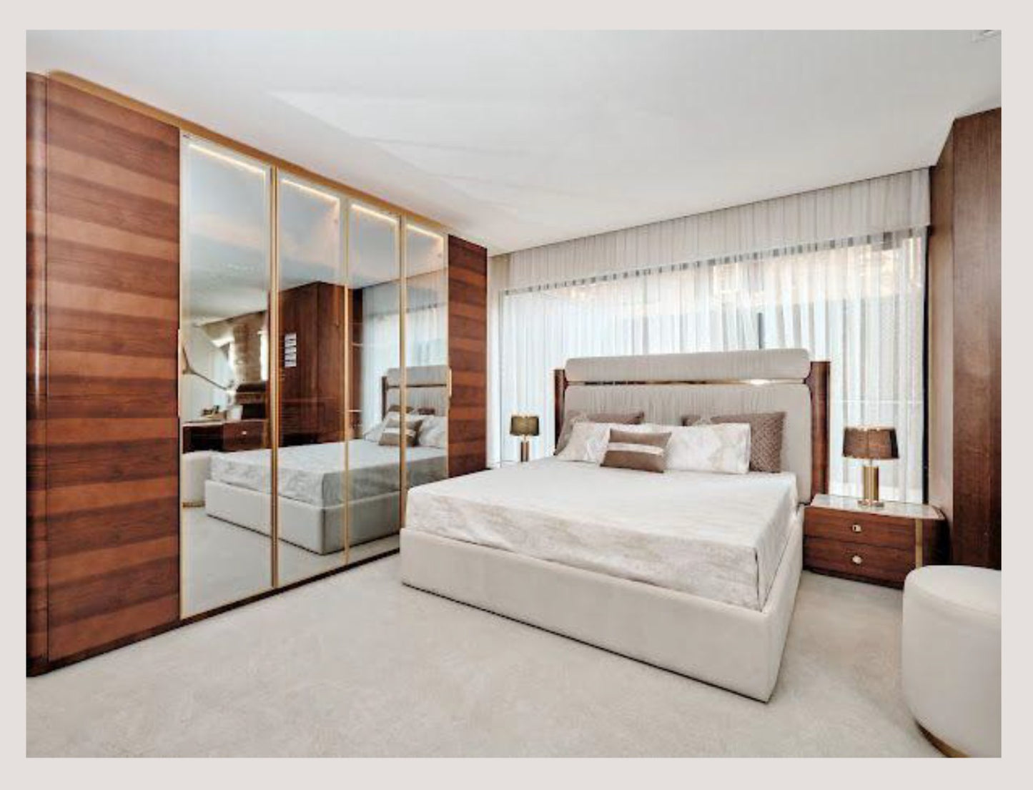 The Nile Luxuries contemporary bedroom set with upholstered bed, channel-tufted headboard, and mirrored wardrobe.