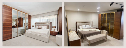 The Nile Luxuries contemporary upholstered bed with channel tufted headboard and storage wardrobe. Neutral fabric.