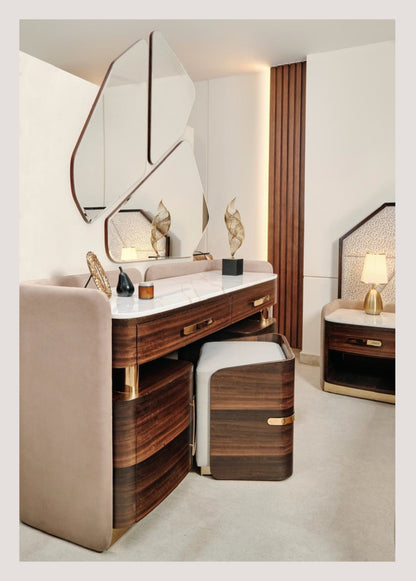 The Nile Luxuries contemporary vanity set with dark wood, gold hardware, white marble-effect top, and abstract mirror.