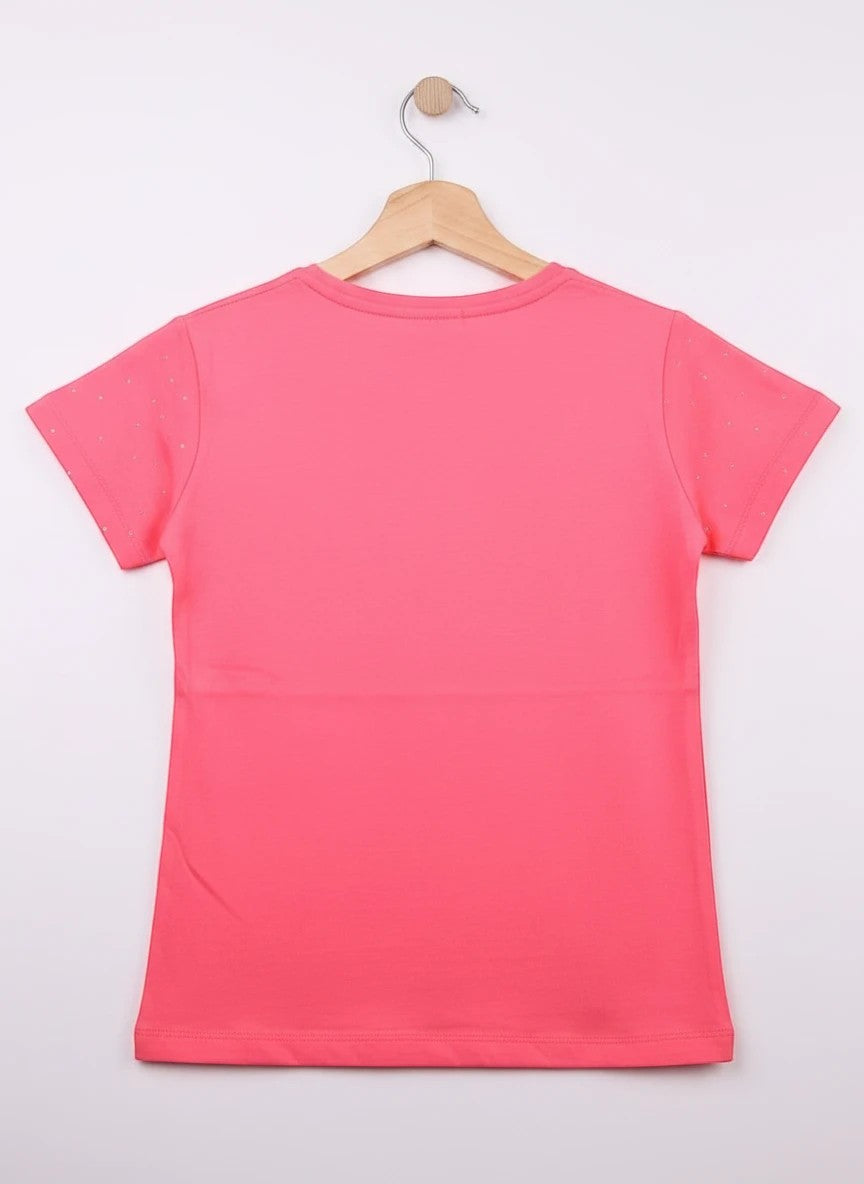 The Nile Luxuries coral cotton blend t-shirt with short sleeves and subtle distressed detail. Features rhinestone butterflies and text.