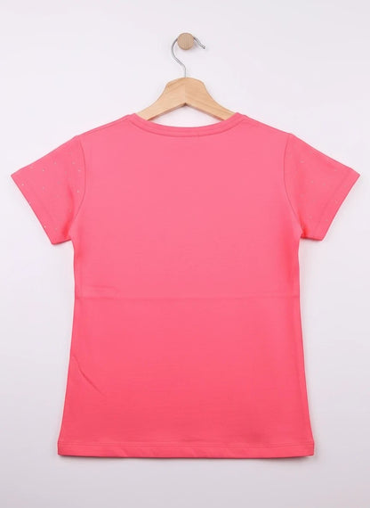 The Nile Luxuries coral cotton blend t-shirt with short sleeves and subtle distressed detail. Features rhinestone butterflies and text.