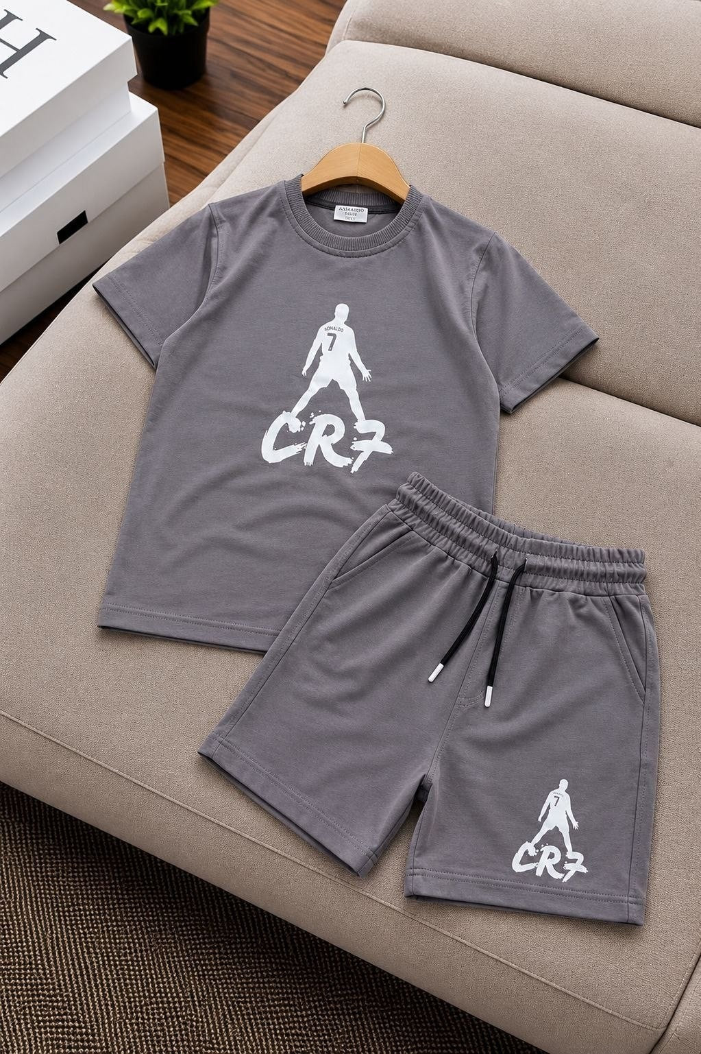 The Nile Luxuries grey CR7 graphic t-shirt and shorts set with elastic drawstring waist for active kids.
