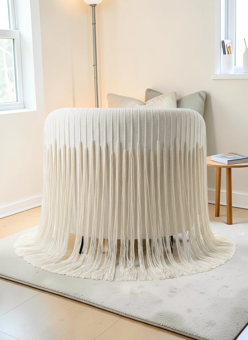The Nile Luxuries cream boucle armchair with dramatic fringe detailing and black legs.