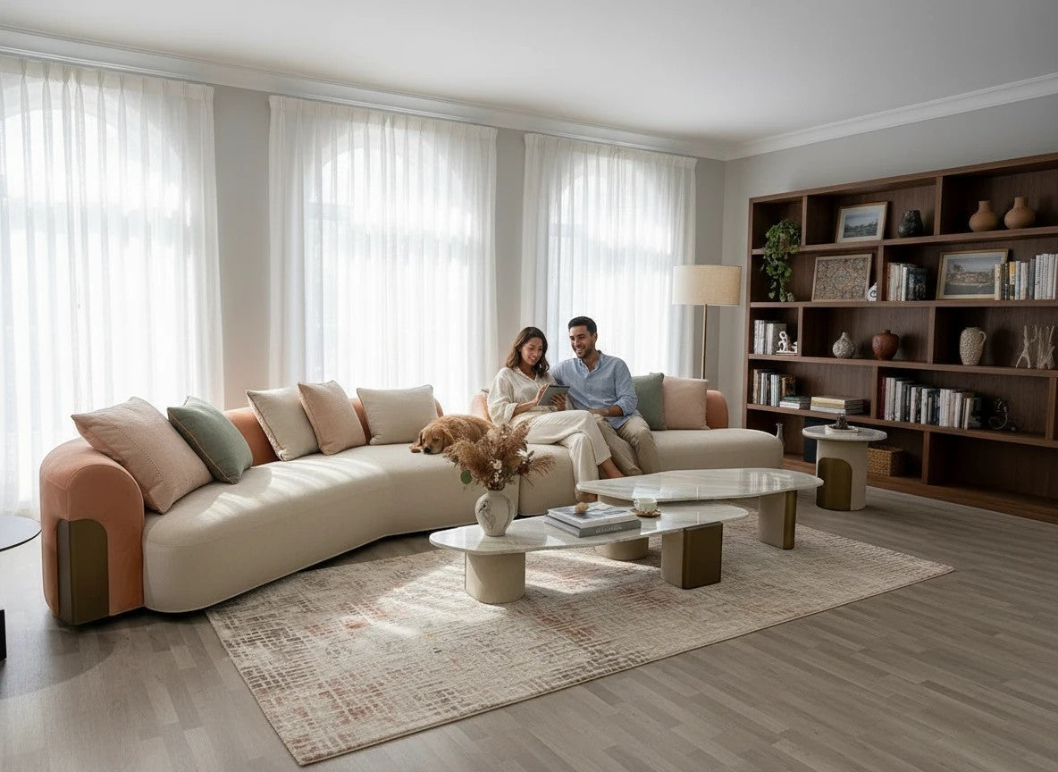 The Nile Luxuries contemporary cream sectional sofa with curved silhouette, rounded arms, and peach accents. Includes throw pillows.