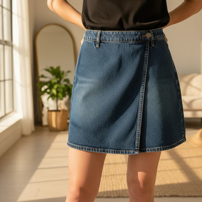 The Nile Luxuries denim wrap-front skort featuring a classic blue wash, button detail, and comfortable fit.