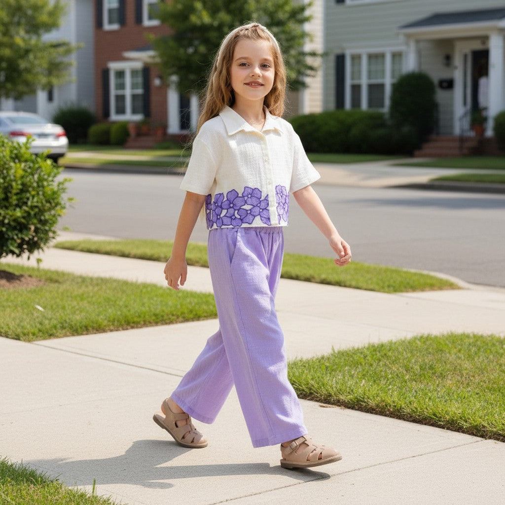 The Nile Luxuries white cropped shirt with purple floral embroidery and lavender wide-leg pants set on a girl.