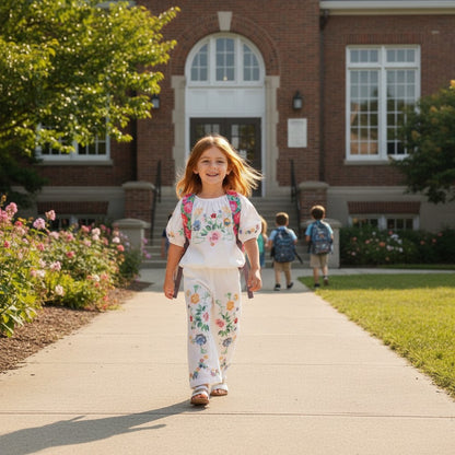 The Nile Luxuries white linen blend set for girls: off-shoulder top with puff sleeves and wide-leg pants, both with floral cross-stitch embroidery.