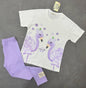 The Nile Luxuries white t-shirt with purple flamingo graphic and matching ribbed leggings for kids.