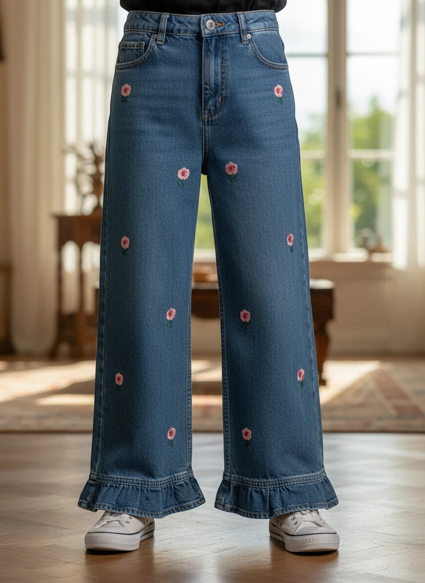 The Nile Luxuries blue denim wide-leg trousers featuring pink floral embroidery and a ruffled hem for girls.