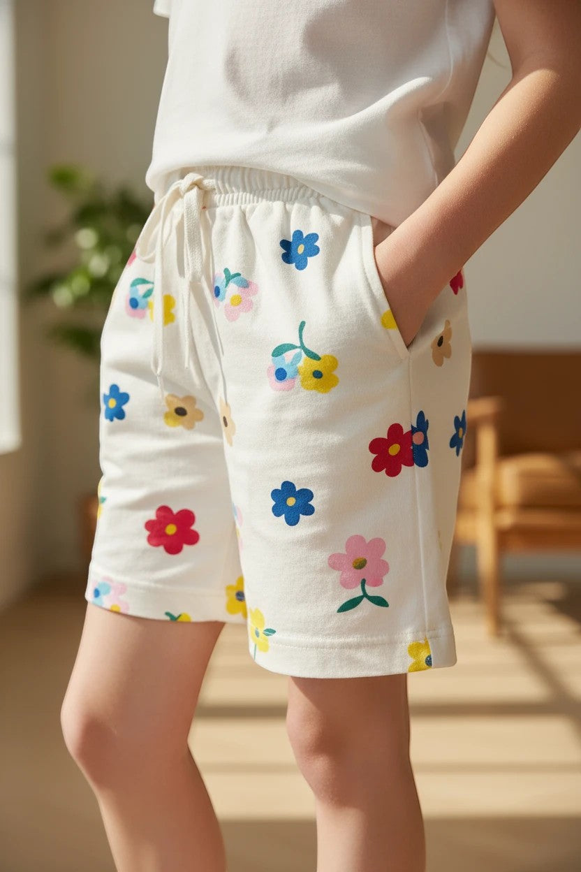 The Nile Luxuries girls white cotton-blend lounge shorts featuring a vibrant multi-colored floral print and drawstring.