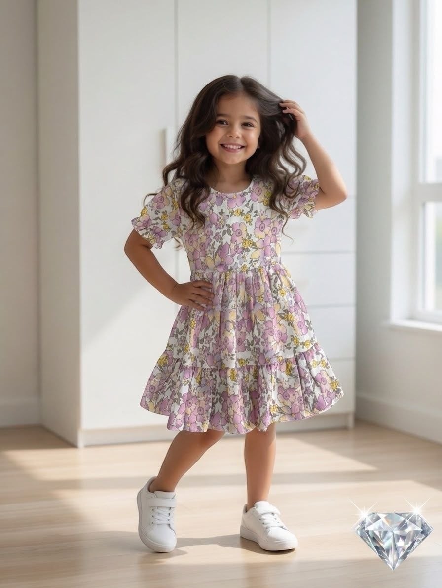 The Nile Luxuries girl wearing a white tiered dress with a purple and yellow floral print and puff sleeves