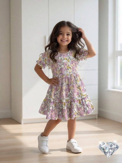 The Nile Luxuries girl wearing a white tiered dress with a purple and yellow floral print and puff sleeves