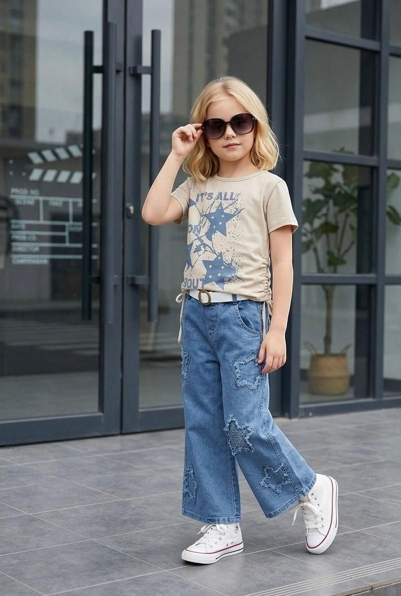 The Nile Luxuries: Girl in beige t-shirt with star graphic and distressed denim jeans with star patches.