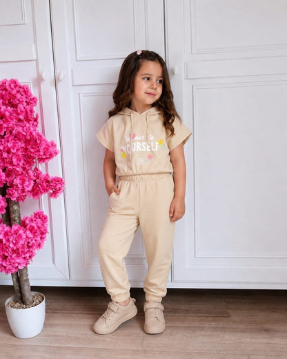 The Nile Luxuries girls beige short sleeve hoodie and jogger lounge set with floral graphic and uplifting text