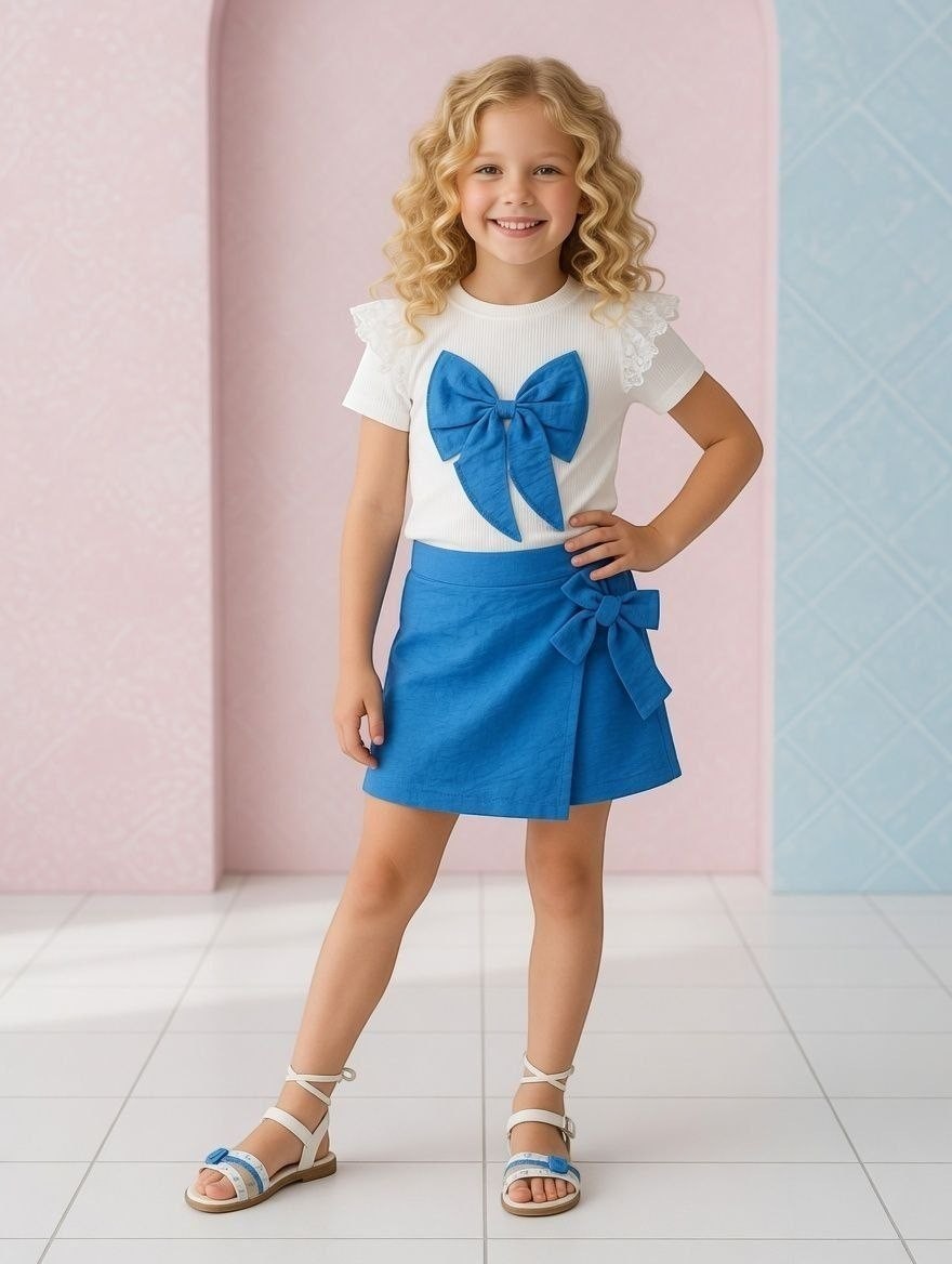 The Nile Luxuries girls two-piece set with a white ribbed top, lace sleeves, blue bow, and matching blue wrap skirt.