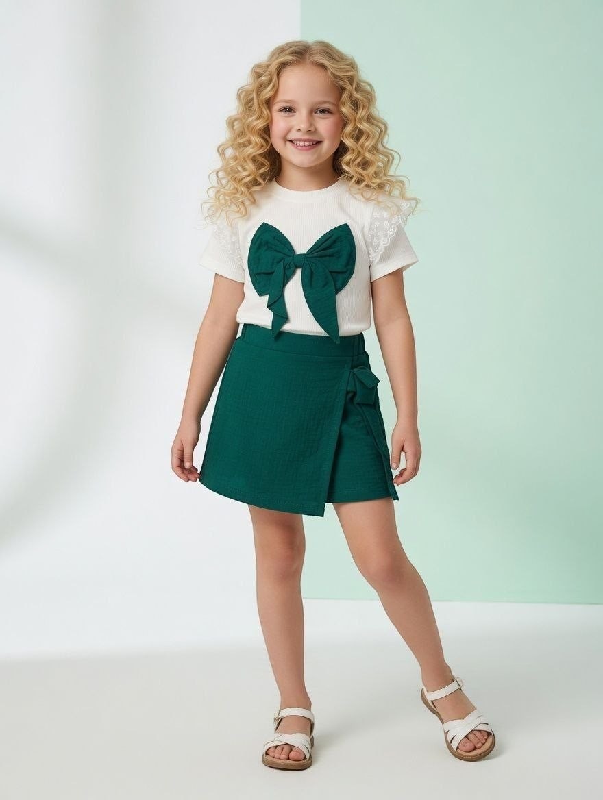 The Nile Luxuries girls' white ribbed top with lace sleeves and green bow paired with a matching green wrap skirt.