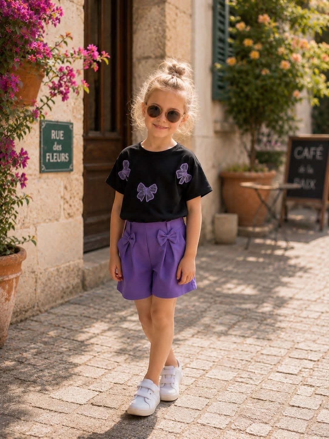 The Nile Luxuries girls summer outfit with a black bow-appliqued t-shirt and purple shorts worn by a young girl.