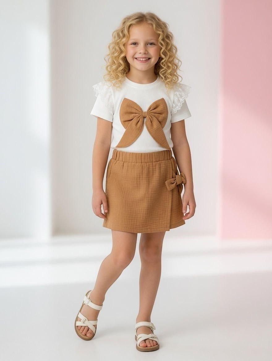 The Nile Luxuries girls two-piece set with a white ribbed top, lace flutter sleeves, large bow, and tan wrap skirt.