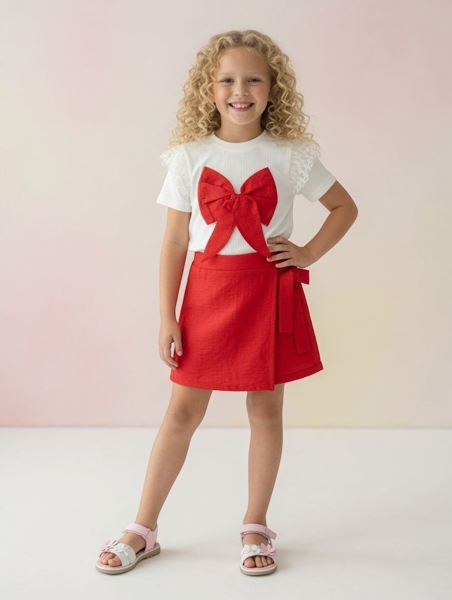 The Nile Luxuries girls white ribbed top with lace sleeves and red bow paired with a matching red wrap skirt